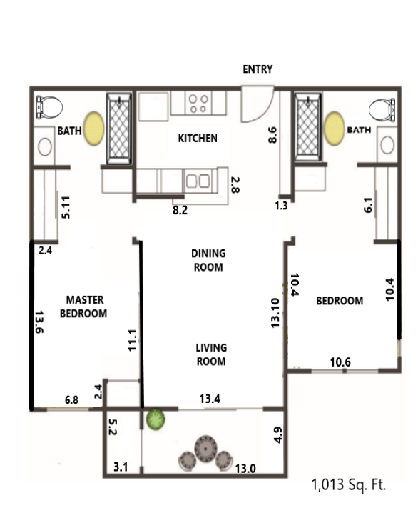 Floor plan for 2 beds, 2 baths, 1013 sqft